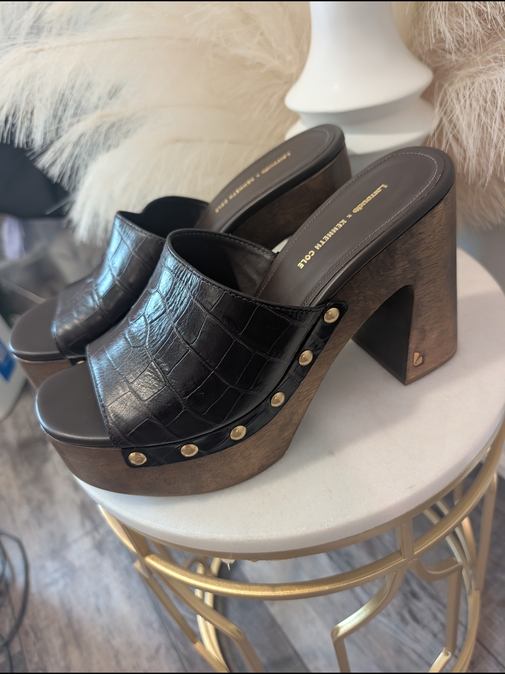 Larroude X Kenneth Cole Black Croc-embossed Platform Mule Sz 9